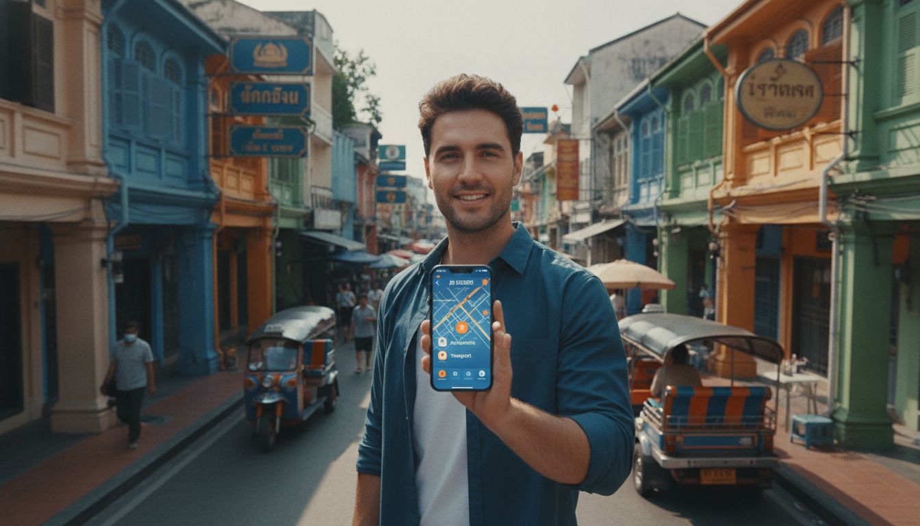 Traveler using OohRay map-based discovery on smartphone